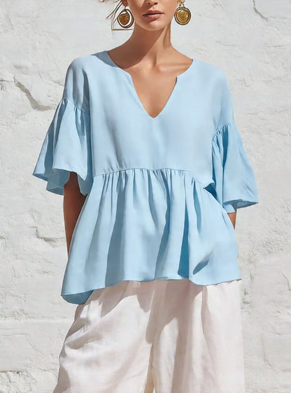 V-Neck Ruffle Sleeve Peplum Blouse