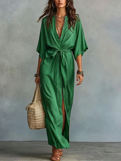 Tie Waist Split Maxi Shirt Dress