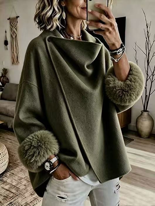 Wrap Cape Coat with Faux Fur Cuffs