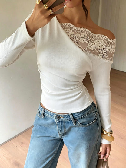 Stylish And Elegant Off-shoulder Knit Top With Lace Detailing