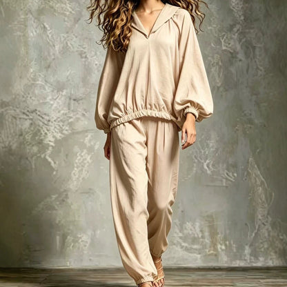 Hood V Neck Linen Blend Matching Two Piece Set