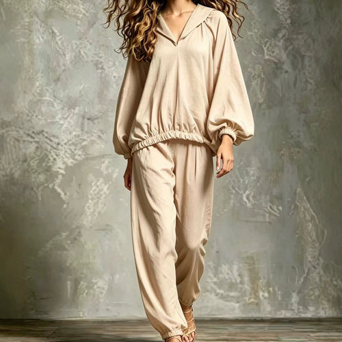 Hood V Neck Linen Blend Matching Two Piece Set