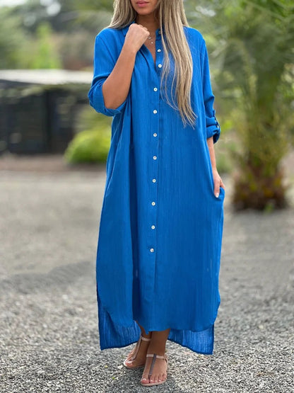 Crinkle Linen Blend Midi Shirt Dress