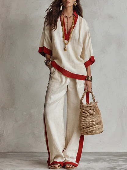 Contrast Trim Linen Two Piece Set