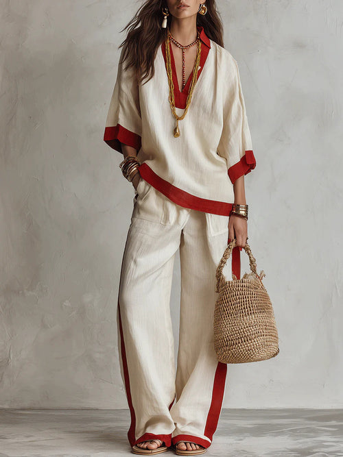 Contrast Trim Linen Two Piece Set