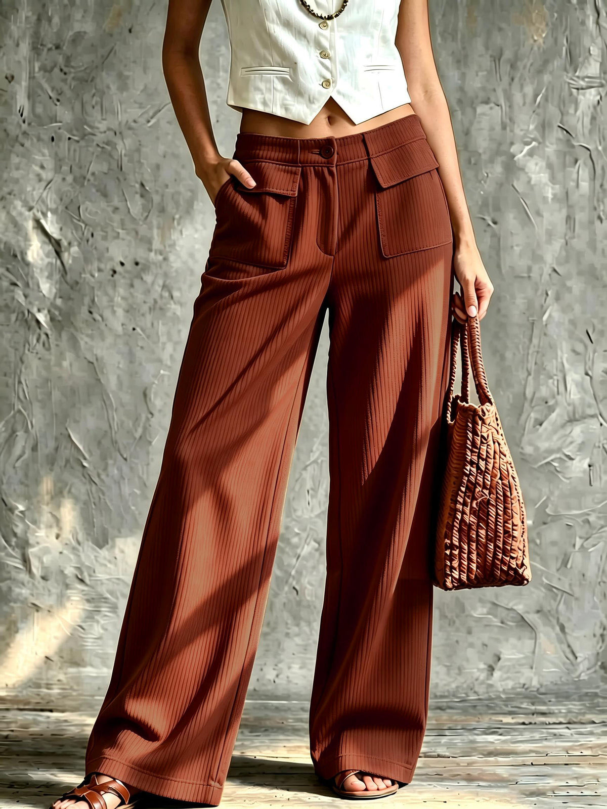 Women's Solid Ribbed Front Patch Pocket High Waist Wide Leg Long Pants
