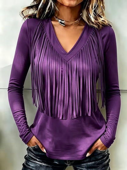 Vintage Elegant Cotton Blend Patchwork Fringed T-shirt