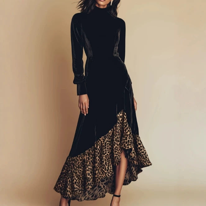 Black Velvet High‑Neck Long‑Sleeve Leopard‑Print Ruffle High‑Low Maxi Dress