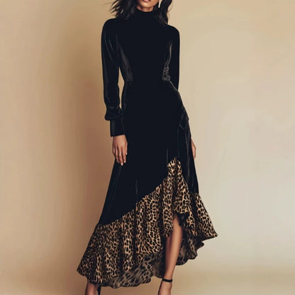 Black Velvet High‑Neck Long‑Sleeve Leopard‑Print Ruffle High‑Low Maxi Dress