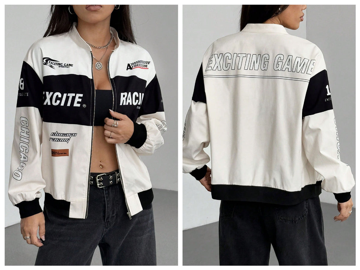 Women Color Block Racing Jacket Zip Up Letter Print Bomber Jacket Y2K Streetwear