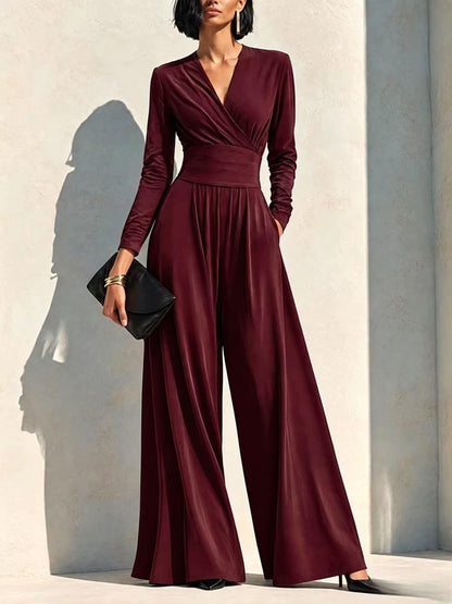Elegant Chocolate Brown Long Sleeve Wrap Wide Leg Jumpsuit with Waist Detail