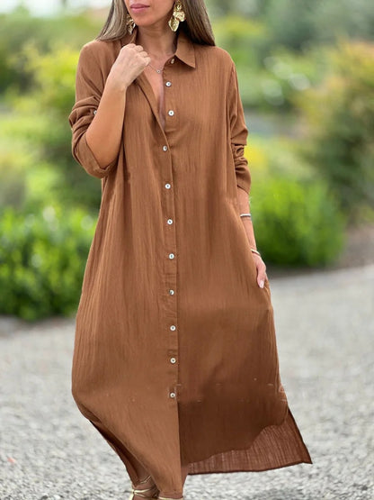 Crinkle Linen Blend Midi Shirt Dress