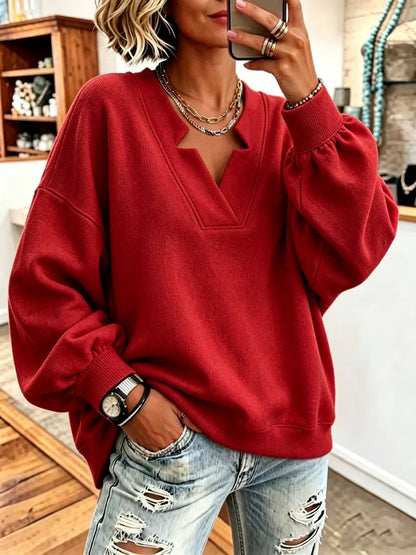 Women Solid Notched Split V-Neck Balloon Long Sleeve Oversized Sweatshirt