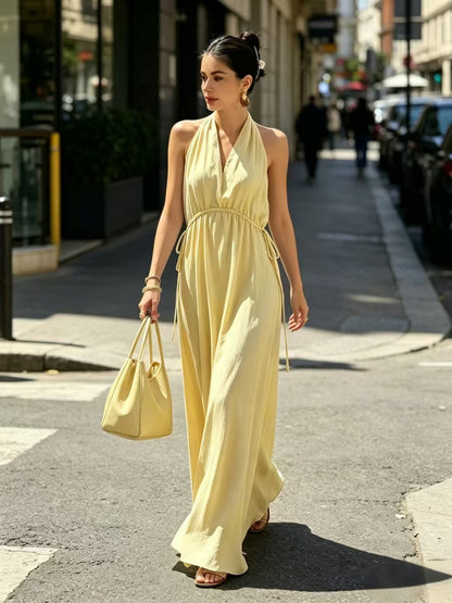 Halter V-Neck Drawstring Waist Maxi Dress