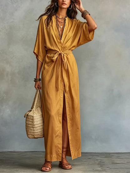 Tie Waist Split Maxi Shirt Dress