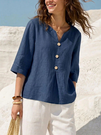 Linen-Blend Button-Front Top – Soft Textured 3/4 Sleeve Blouse