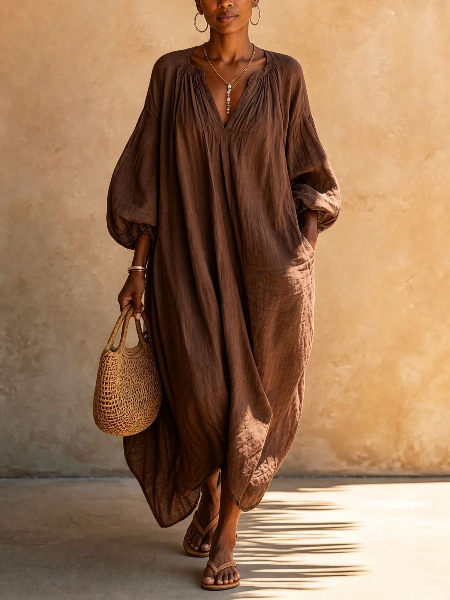 Boho Vacation Puff Sleeve Kaftan Maxi Dress