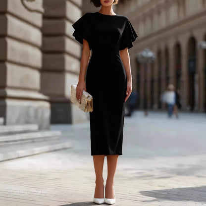 Round Neck Double‑Layer Ruffle Flutter Sleeve Bodycon Midi Dress