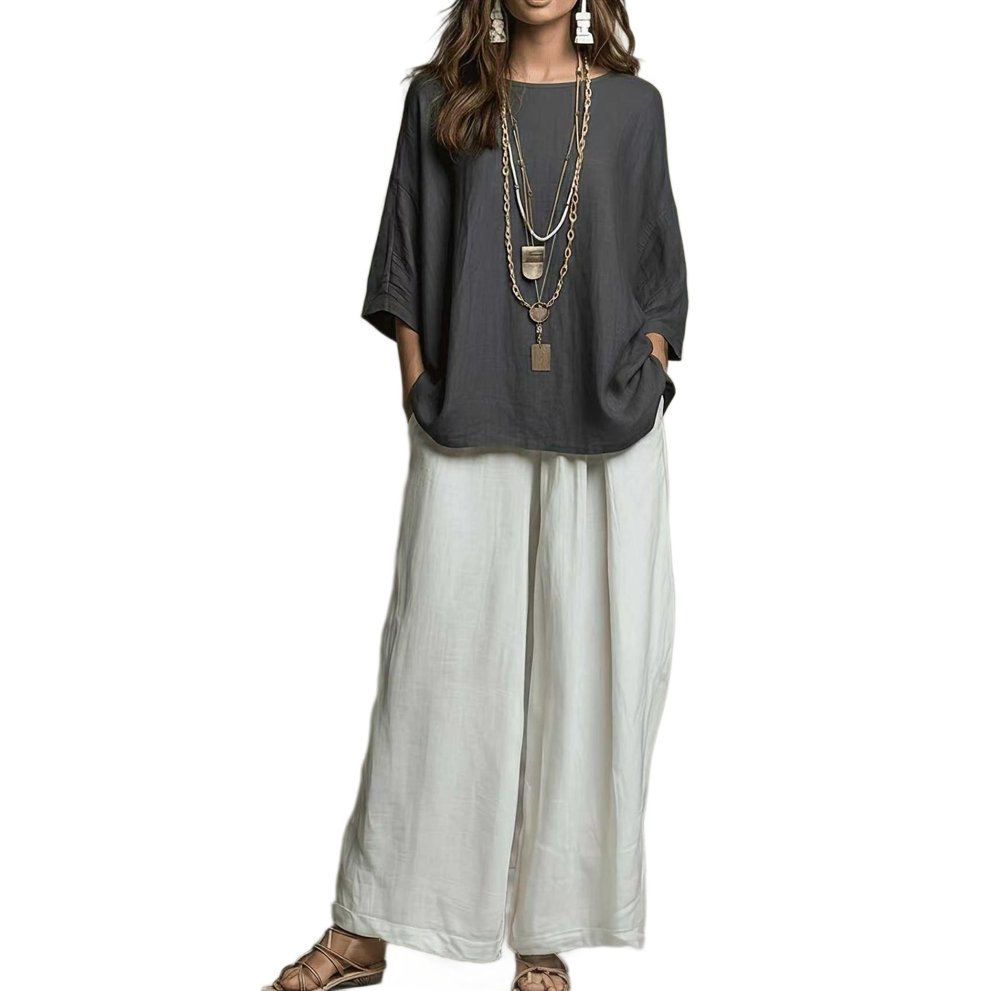Linen Oversized Top & White Wide Leg Pants Two Piece Linen Set