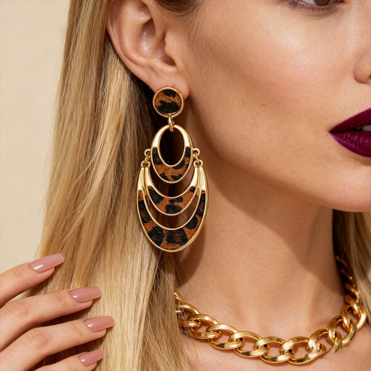 Layered Crescent Leopard Print Dangle Earrings Vintage 14K Gold Plated Animal Pattern Statement Drop Earrings
