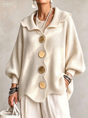 Oversized Scallop-Collar Button Knit Cardigan