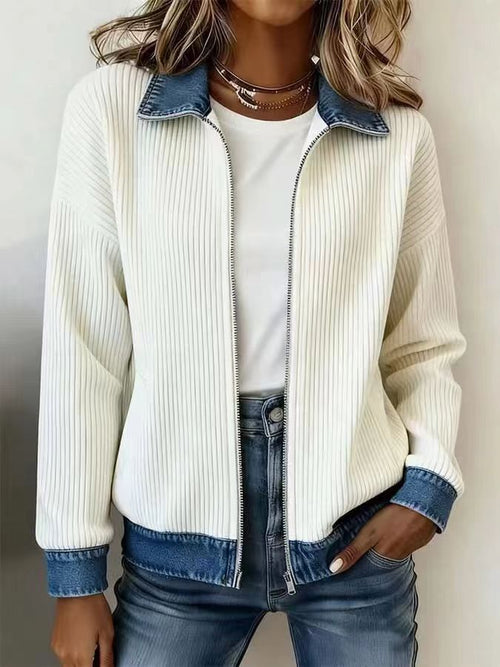 Ribbed Knit Zip Jacket with Denim Trim