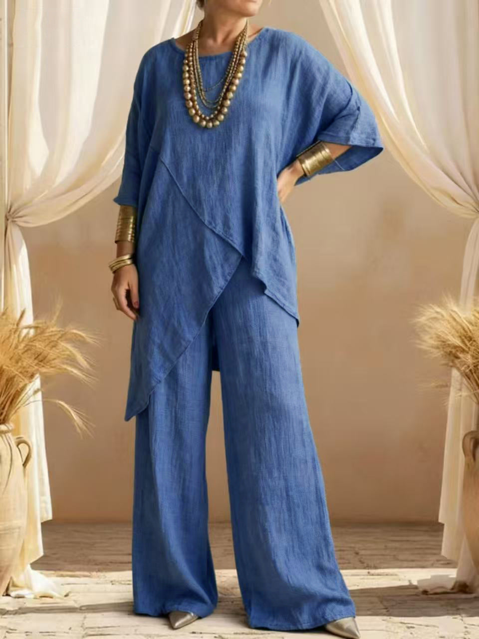 Linen Asymmetric Overlap Top & Wide Leg Pants Two Piece Set