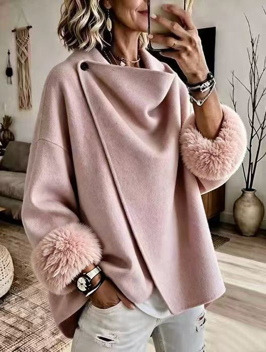 Wrap Cape Coat with Faux Fur Cuffs