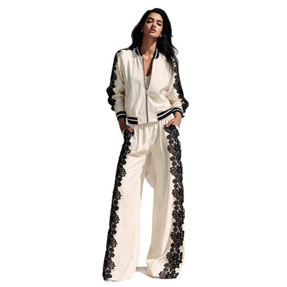 Bomber Jacket & Wide‑Leg Pants Two‑Piece Set with Black Lace Trim