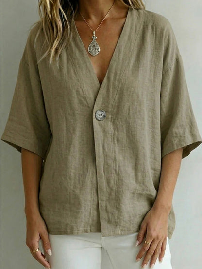Relaxed Linen V-Neck Button-Front Shirt