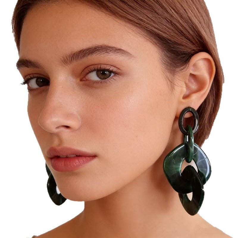 Marbled Resin Interlocked Chain Drop Earrings Oversized Chunky Link Statement Dangle Earrings - Green
