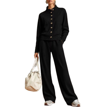 New Solid Color Stand-Up Collar Cardigan Sweatshirt Wide-Leg Pants Suit Independent Station Popular Women