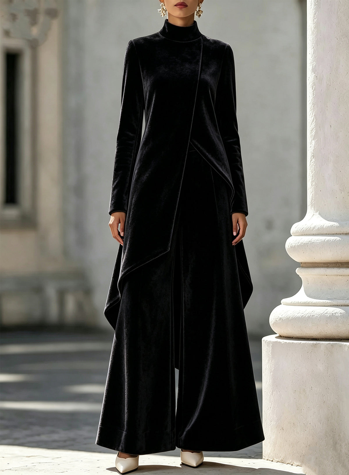 Velvet Asymmetrical Turtleneck Two-Piece Set