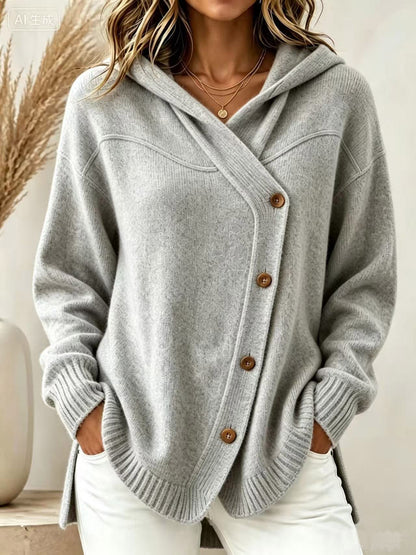 Hooded Wrap Diagonal Button Knit Cardigan