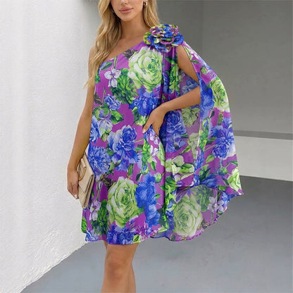 Women's Bright Yellow One Shoulder Chiffon Mini Dress with Floral Applique and Cape Sleeve