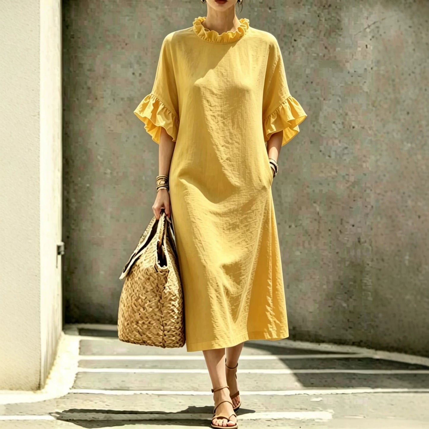 Textured Linen Ruffle Neck Flounce Sleeve Midi Shift Dress