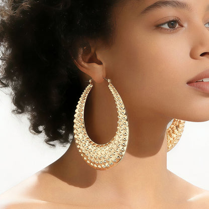 Large Hammered Teardrop Hoop Earrings Bold Textured 14K Gold Plated Statement Hoops