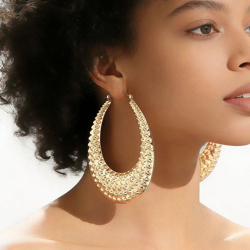 Large Hammered Teardrop Hoop Earrings Bold Textured 14K Gold Plated Statement Hoops