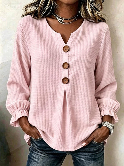 Textured Waffle Knit V-Neck Button Blouse