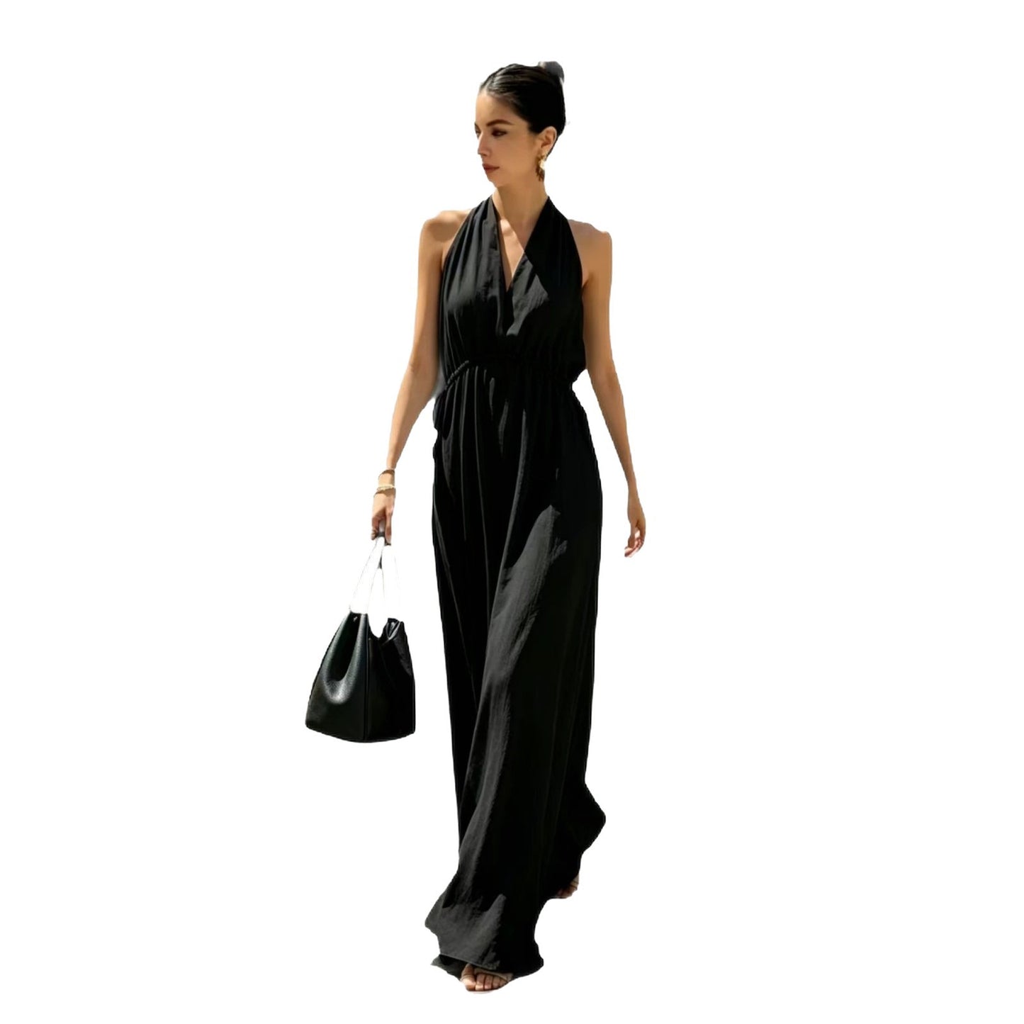 Halter V-Neck Drawstring Waist Maxi Dress