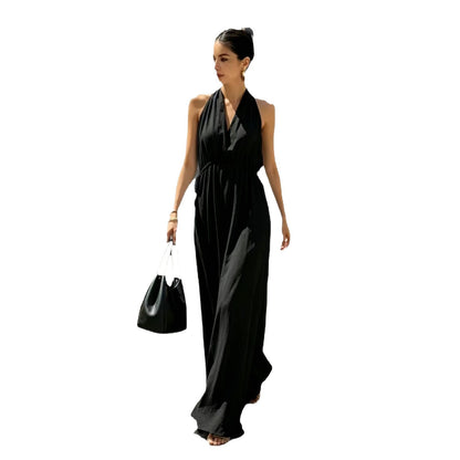 Halter V-Neck Drawstring Waist Maxi Dress