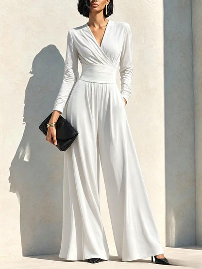 Elegant Chocolate Brown Long Sleeve Wrap Wide Leg Jumpsuit with Waist Detail