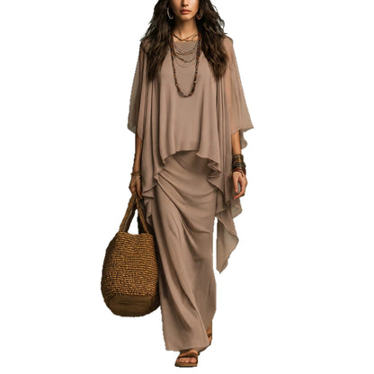 Flowy Linen Blend Poncho Top & Skirt Set