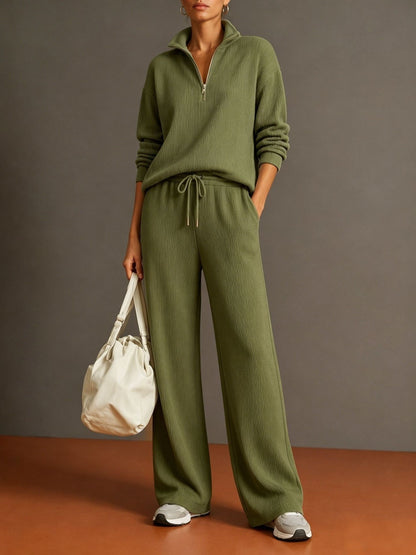 Vertical Rib Half Zip Stand Collar Two Piece Loungewear Set