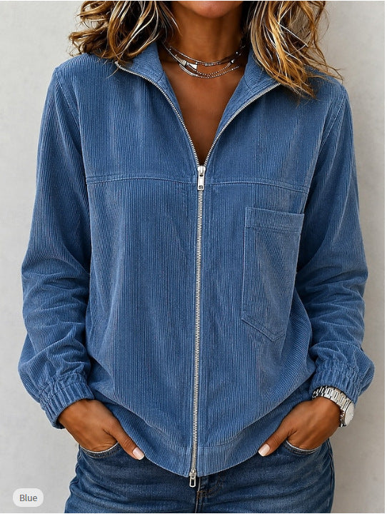 Women's Full Zip Stand Collar Corduroy Long Sleeve Jacket With Pocket