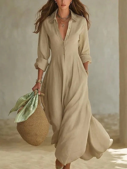 Linen-Blend Shirt Dress – Flowing Maxi Button-Front Dress