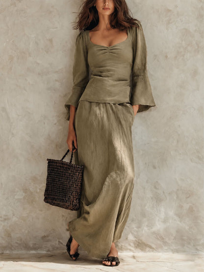 Square Neck Flare Sleeve Top & Maxi Skirt Matching Set