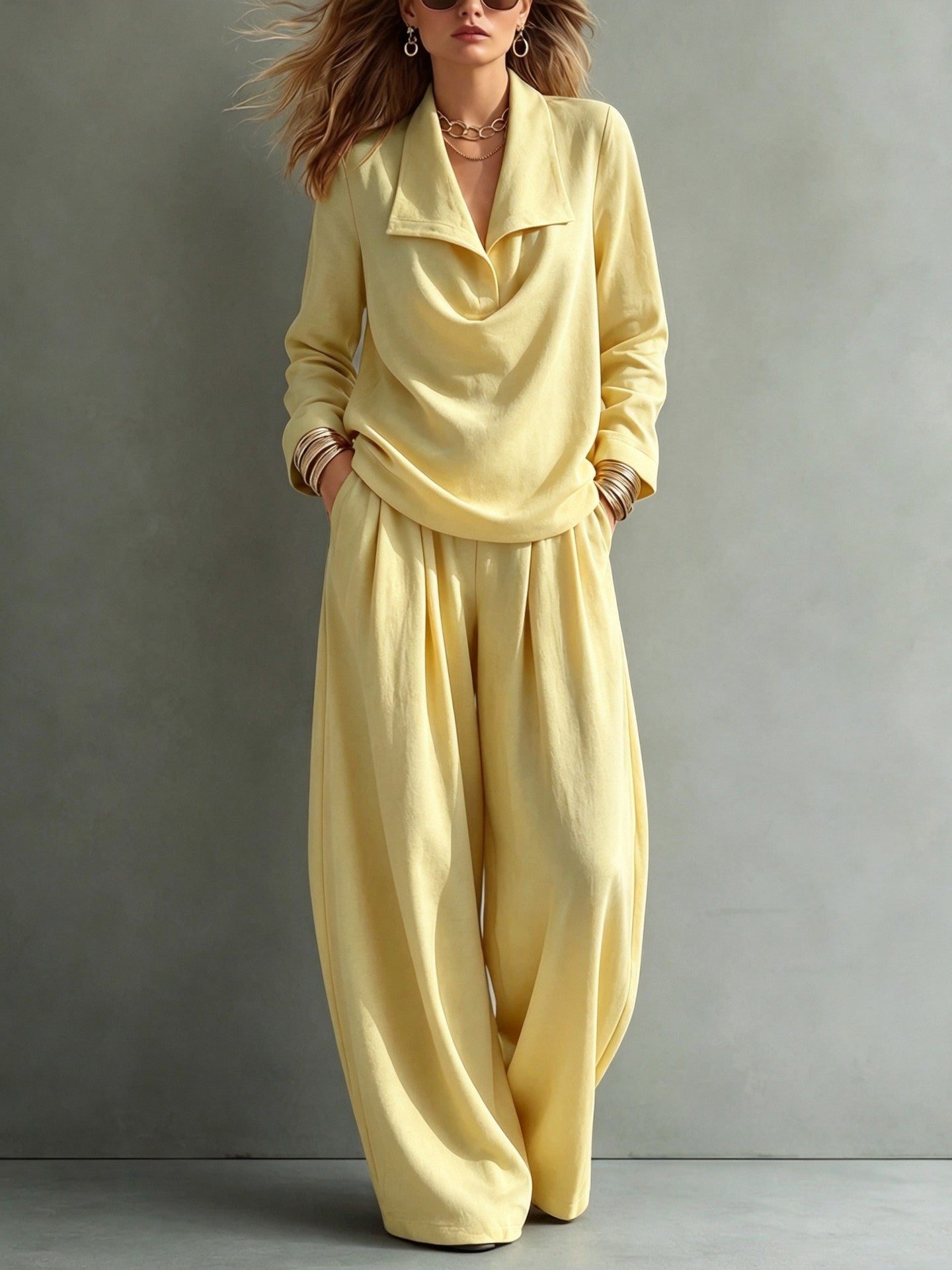 Draped Lapel Casual Matching Two Piece Set