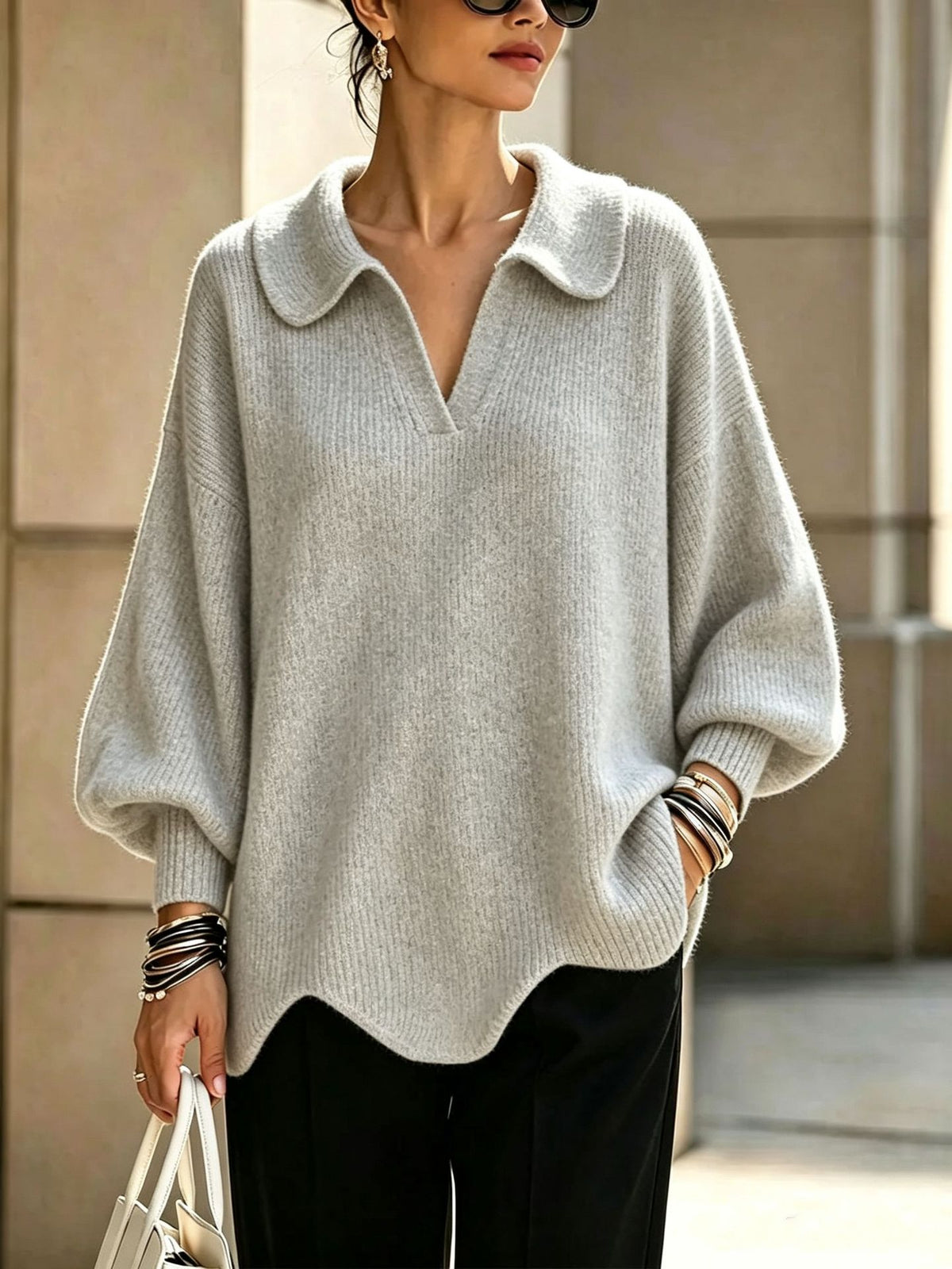 Peter Pan Collar V-Notch Oversized Rib Knit Sweater