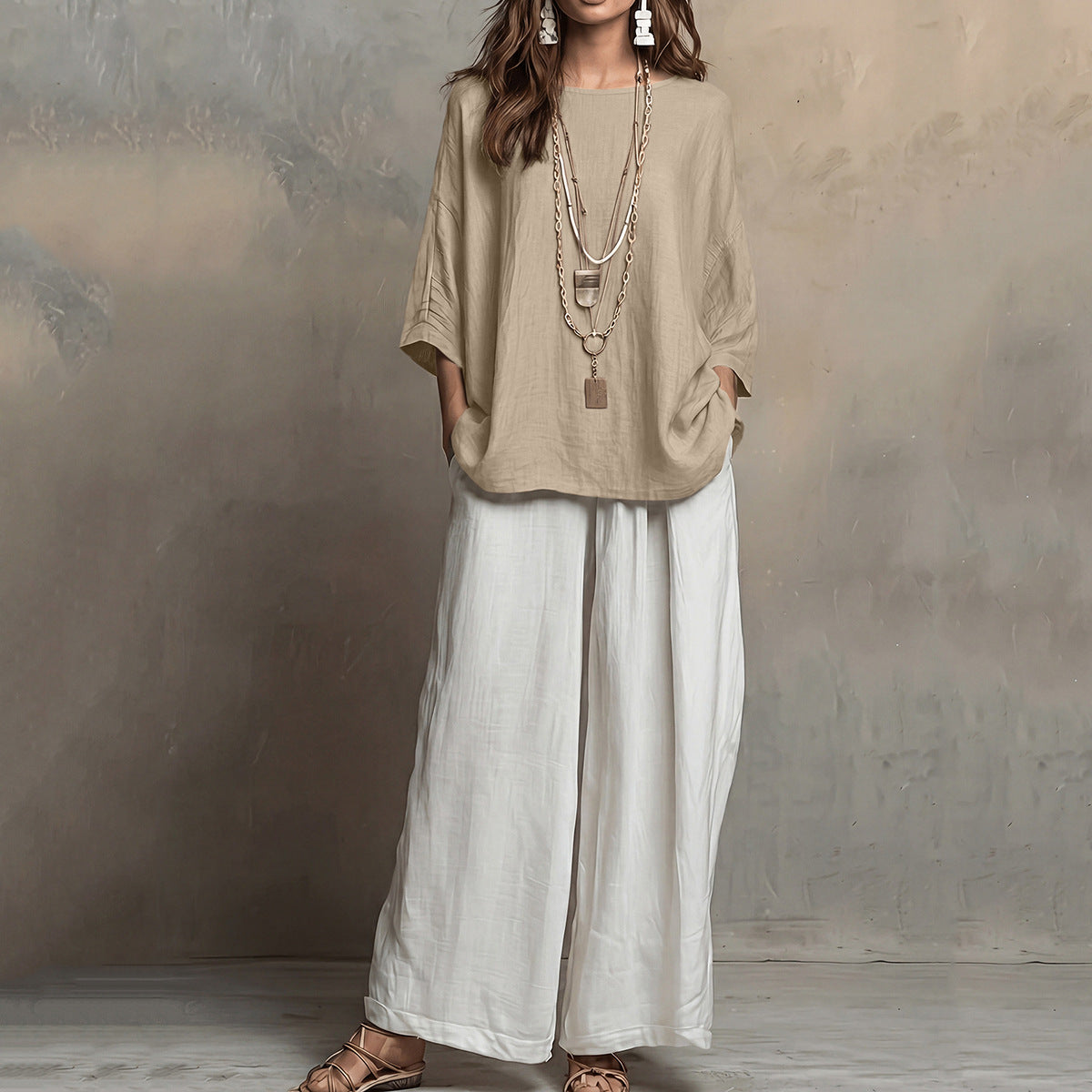 Linen Oversized Top & White Wide Leg Pants Two Piece Linen Set